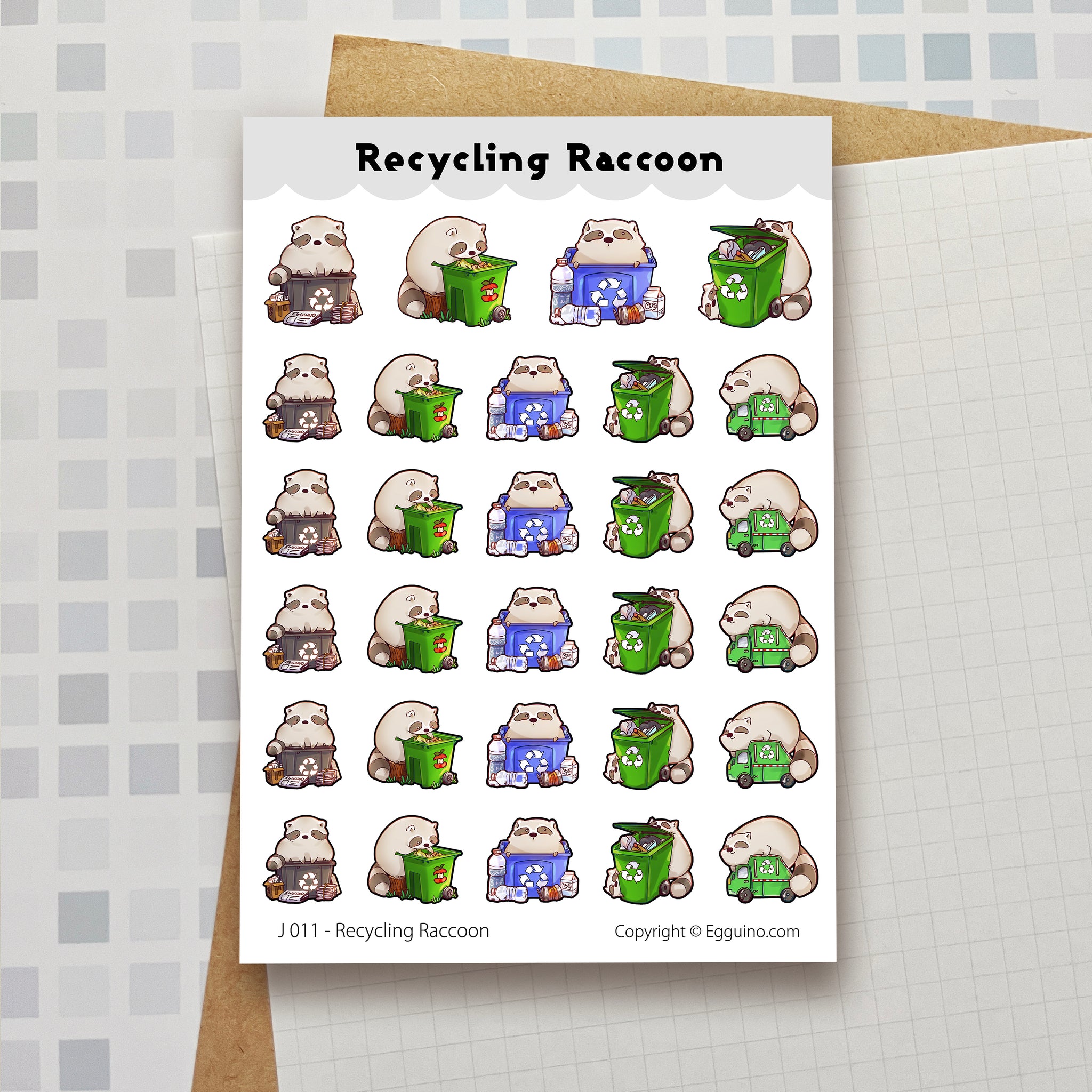 Sticker Sheet: J011 Recycling Raccoon